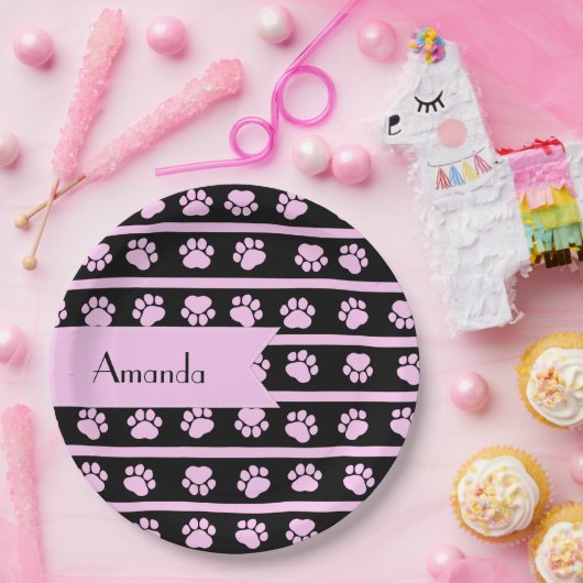 前足、ピンクの前足、犬の前足、あなたの名前のパターン ペーパープレート (パーティー)