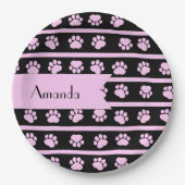 前足、ピンクの前足、犬の前足、あなたの名前のパターン ペーパープレート (正面)