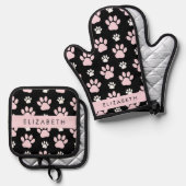前足、ピンクの前足、犬の前足、あなたの名前のパターン 鍋つかみ&鍋敷きセット (正面/裏面)