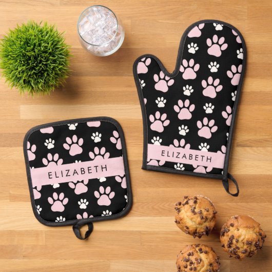 前足、ピンクの前足、犬の前足、あなたの名前のパターン 鍋つかみ&鍋敷きセット (トップダウン)
