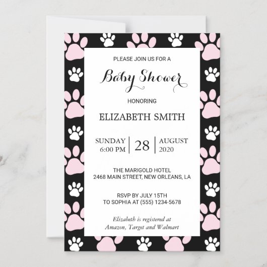 前足、ピンクの前足、犬の前足、赤ちゃんシャワーのパターン マグネット招待状 (正面)