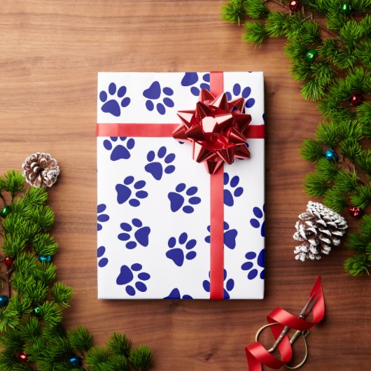 前足、犬の前足、ネイビーブルーの前足のパターン ラッピングペーパー (クリスマスギフト)
