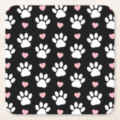前足、犬の前足、白い前足、ピンクのハート スクエアペーパーコースター (正面)