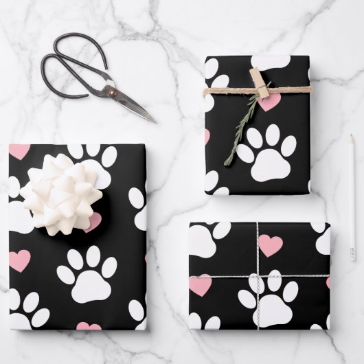 前足、犬の前足、白い前足、ピンクのハート ラッピングペーパーシート (正面)