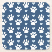 前足、犬の前足、白い前足、青いハートのパターン スクエアペーパーコースター (正面)