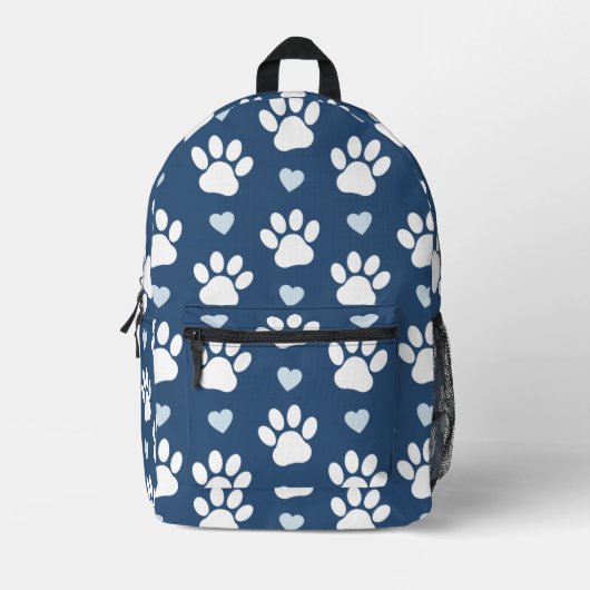 前足、犬の前足、白い前足、青いハートのパターン プリントバックパック (正面)