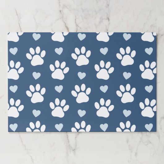 前足、犬の前足、白い前足、青いハートのパターン ペーパーパッド (正面)