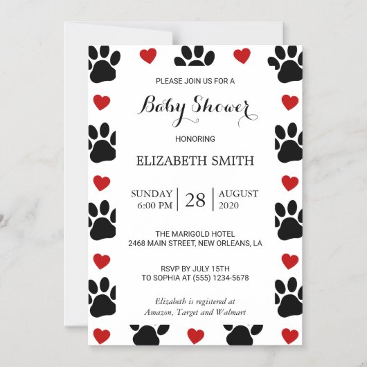 前足、犬の前足、赤いハート、赤ちゃんシャワーのパターン マグネット招待状 (正面)