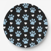 前足、犬の前足、青い前足、白いハートのパターン ペーパープレート (正面)