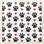 前足、犬の前足、黒い前足、赤いハート ガラスコースター (正面)