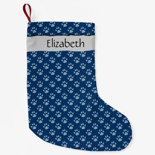 前足、青い前足、犬の前足、あなたの名前のパターン スモールクリスマスストッキング (正面)