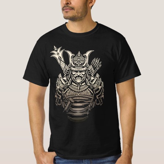 剛勇な侍戦士 - 迫力の日本甲冑 Tシャツ (正面)