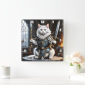 剣と槍を振り回す鎧をまとった猫 スクエア壁時計 (ホーム)