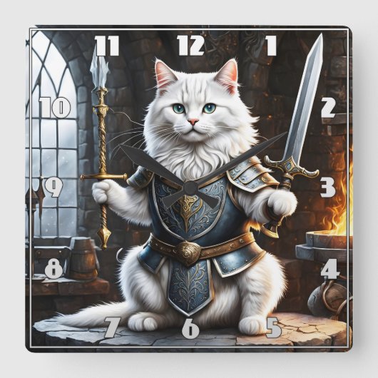 剣と槍を振り回す鎧をまとった猫 スクエア壁時計 (正面)
