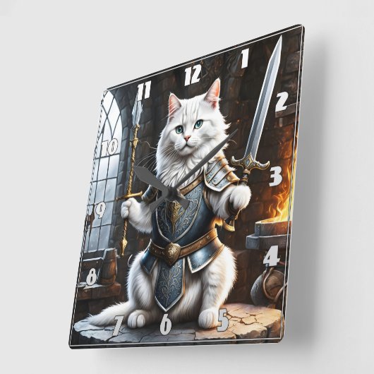 剣と槍を振り回す鎧をまとった猫 スクエア壁時計 (傾斜)