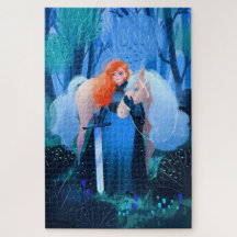 剣と白い馬の女性