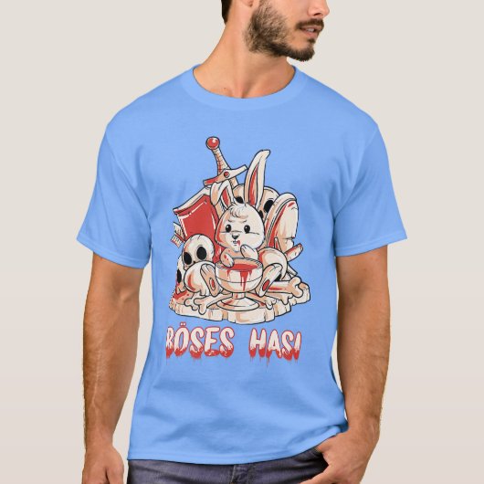 剣と盾と騎士の矢を持つ邪悪なホラーウサギ Tシャツ (正面)