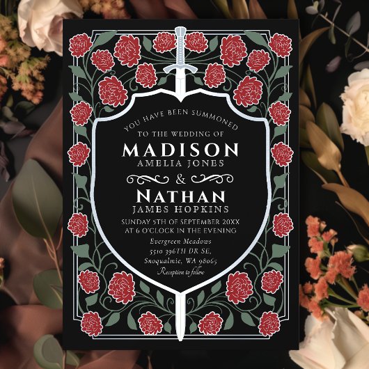 剣と盾のメディエーバルファンタジー結婚式のモノグラム招待状 招待状