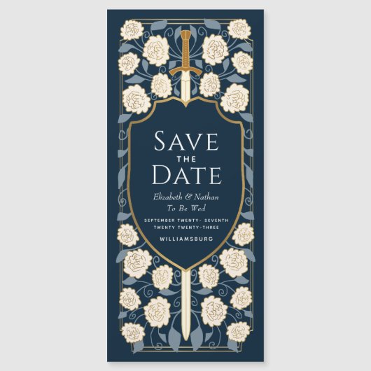 剣と盾の中世ファンタジー日付を保存 マグネット招待状 (正面)