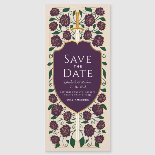 剣と盾の中世ファンタジー日付を保存 マグネット招待状 (正面)