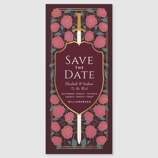 剣と盾の中世ファンタジー日付を保存 マグネット招待状 (正面)