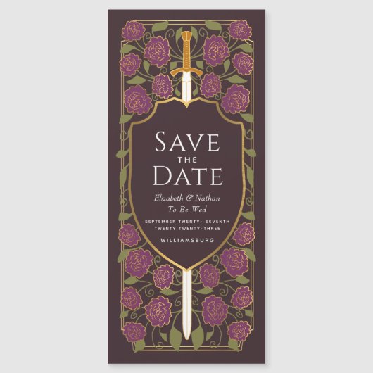 剣と盾の中世ファンタジー日付を保存 マグネット招待状 (正面)