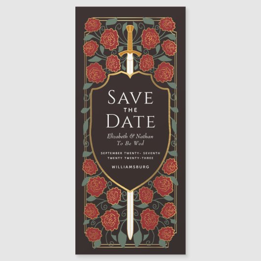 剣と盾の中世ファンタジー日付を保存 マグネット招待状 (正面)