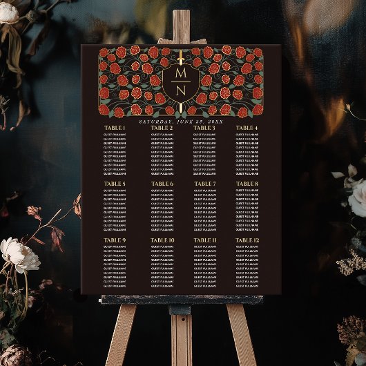 剣と盾の中世モノグラムのシーティングチャート ポスター