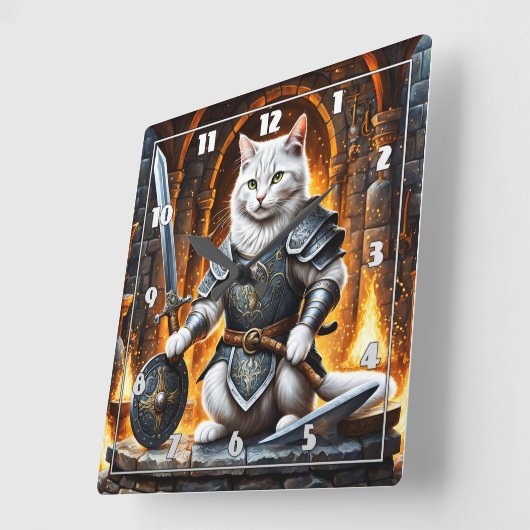 剣と盾を備えた装甲猫 スクエア壁時計 (傾斜)