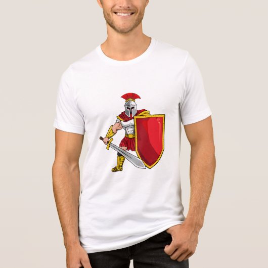 剣と盾を持つ古代の戦士 ヘルメット姿 トライブレンドTシャツ (正面)
