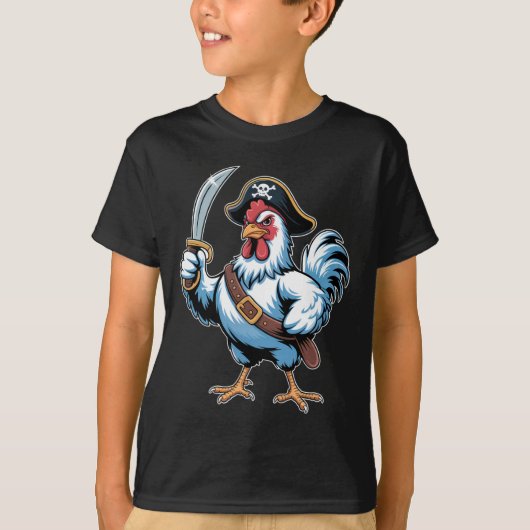 剣と船長帽子をかぶった恐ろしい海賊ニワトリ Tシャツ (正面)