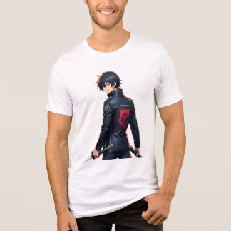 剣を持つ黒ジャケットのクールなアニメ少年が街に立つ トライブレンドTシャツ