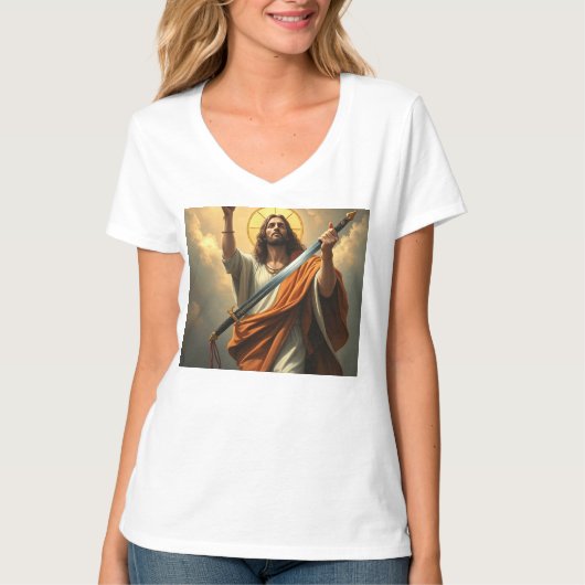 剣女Vネックティーでイエスが戻る Tシャツ (正面)