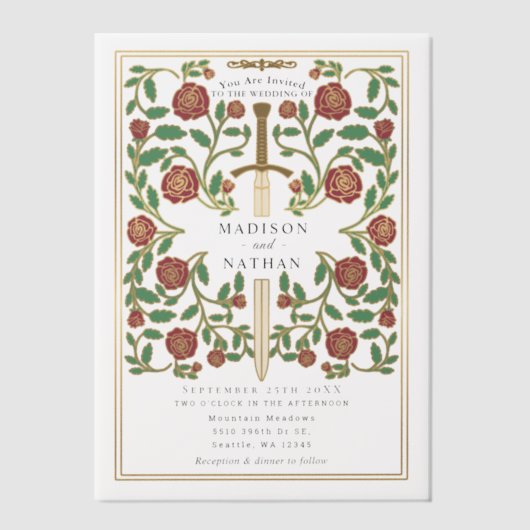 剣王室のフローラ中世ファンタジー結婚ズ ベラム紙招待状 (正面)