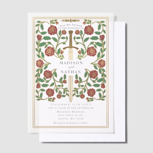 剣王室のフローラ中世ファンタジー結婚ズ ベラム紙招待状 (オフセット)