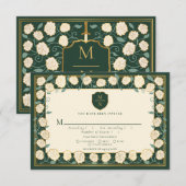 剣&シールド中世ファンタジーウェディングRSVPグリーン エンクロージャーカード (正面/裏面)