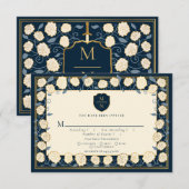 剣&シールド中世ファンタジーウェディングRSVPブルー エンクロージャーカード (正面/裏面)