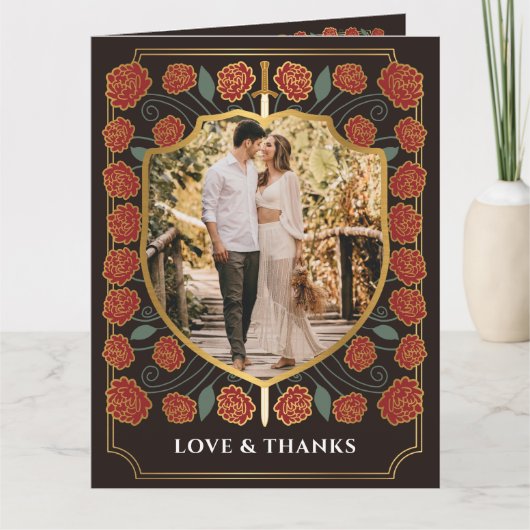 剣&シールド中世ファンタジーモノグラム結婚ズ サンキューカード (正面)