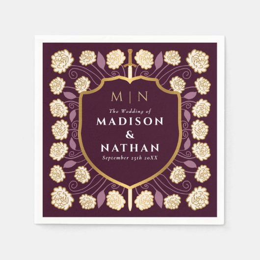 剣&シールド中世ファンタジーモノグラム結婚ズ スタンダードカクテルナプキン (正面)