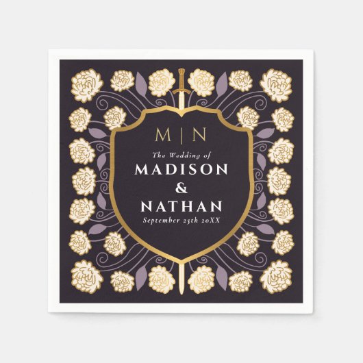 剣&シールド中世ファンタジーモノグラム結婚ズ スタンダードカクテルナプキン (正面)