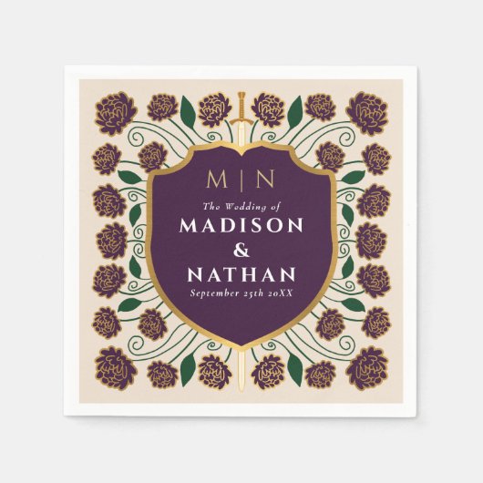 剣&シールド中世ファンタジーモノグラム結婚ズ スタンダードカクテルナプキン (正面)