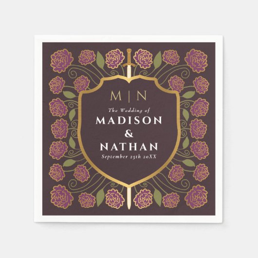 剣&シールド中世ファンタジーモノグラム結婚ズ スタンダードカクテルナプキン (正面)
