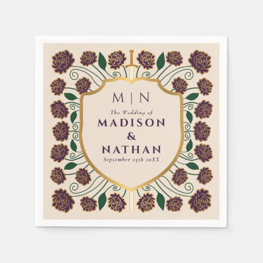 剣&シールド中世ファンタジーモノグラム結婚ズ スタンダードカクテルナプキン (正面)