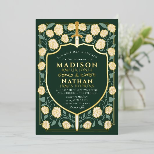 剣&シールド中世ファンタジーモノグラム結婚ズ 箔招待状 (立ち正面)