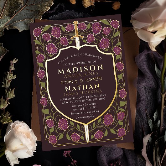 剣&シールド中世ファンタジーモノグラム結婚ズ 箔招待状