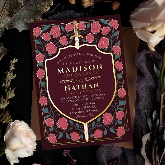 剣&シールド中世ファンタジーモノグラム結婚ズ 箔招待状