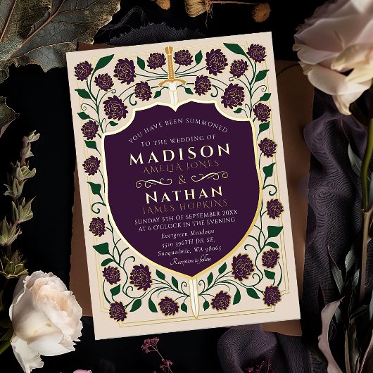 剣&シールド中世ファンタジーモノグラム結婚ズ 箔招待状