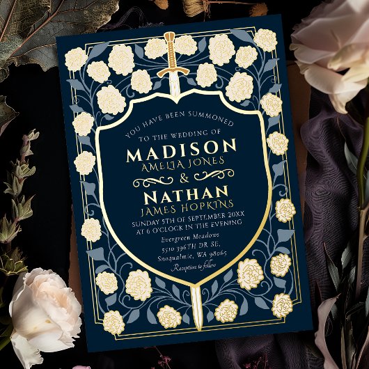 剣&シールド中世ファンタジーモノグラム結婚ズ 箔招待状