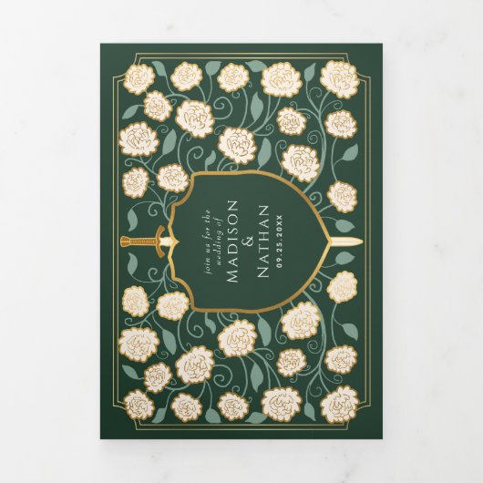 剣&シールド中世ファンタジー結婚の緑 三つ折り招待状 (カバー)