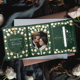 剣&シールド中世ファンタジー結婚の緑 三つ折り招待状